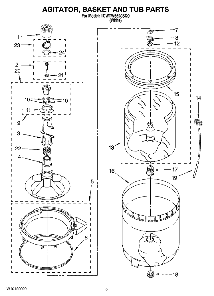 AGITATOR, BASKET AND TUB PARTS Diagram and Parts List for 1CWTW5520SQ0  Whirlpool Washer
