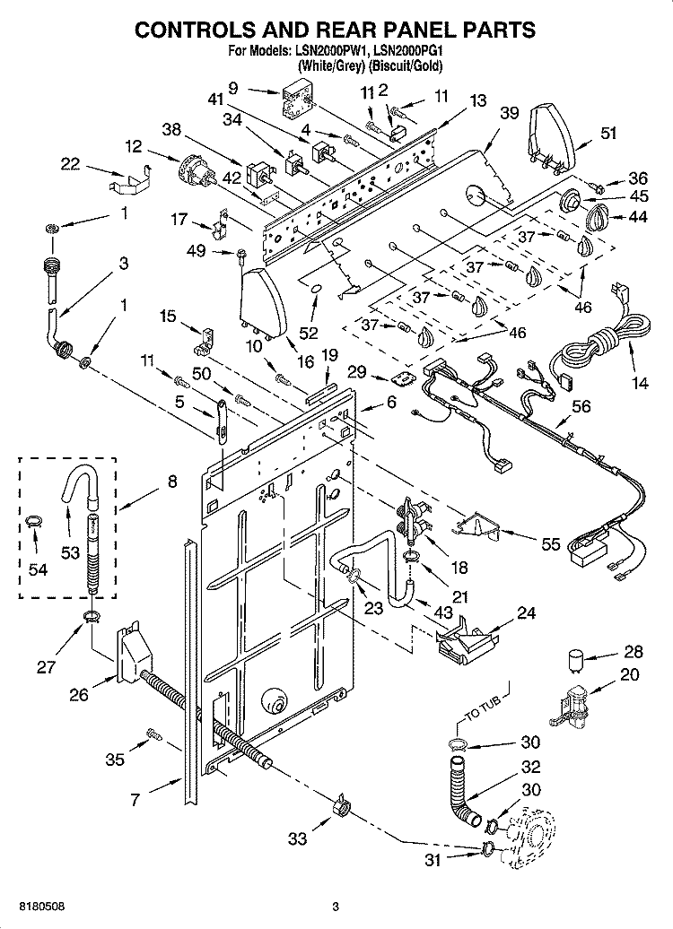 CONTROLS AND REAR PANEL PARTS Diagram and Parts List for LSN2000PG1  Whirlpool Washer