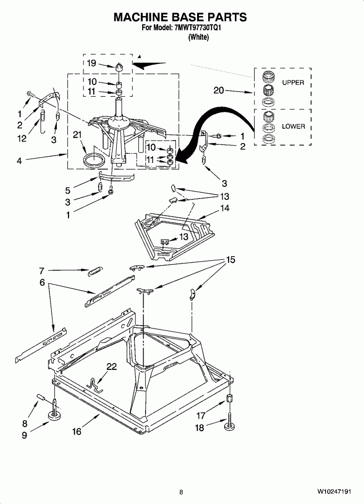 MACHINE BASE PARTS Diagram and Parts List for 7MWT97730TQ1  Whirlpool Washer