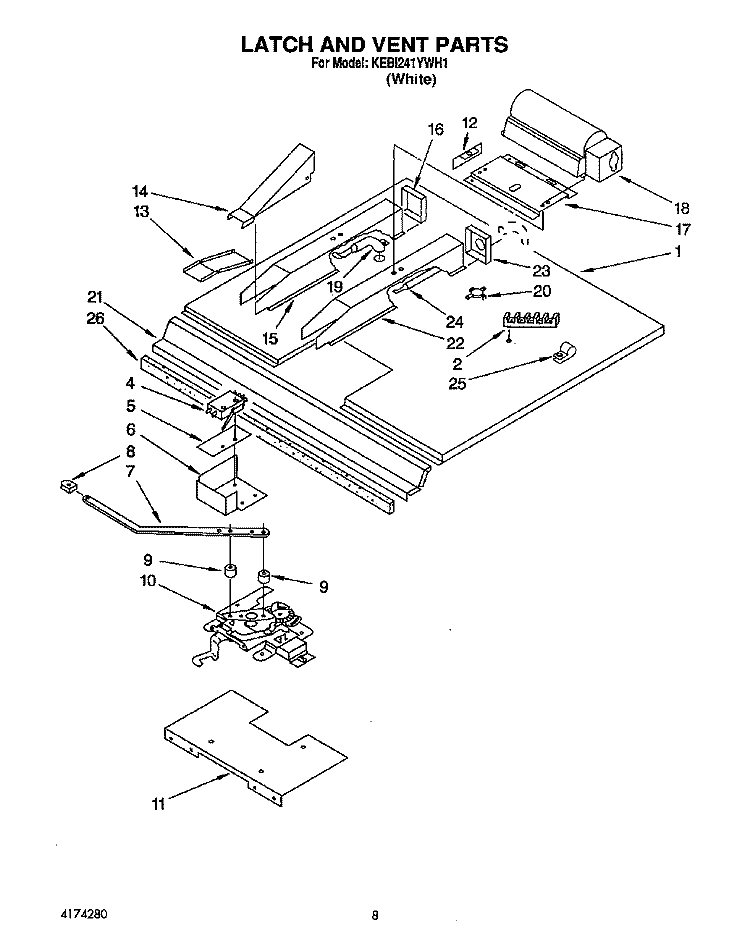 LATCH AND VENT Diagram and Parts List for KEBI241YWH1  KitchenAid Wall Oven