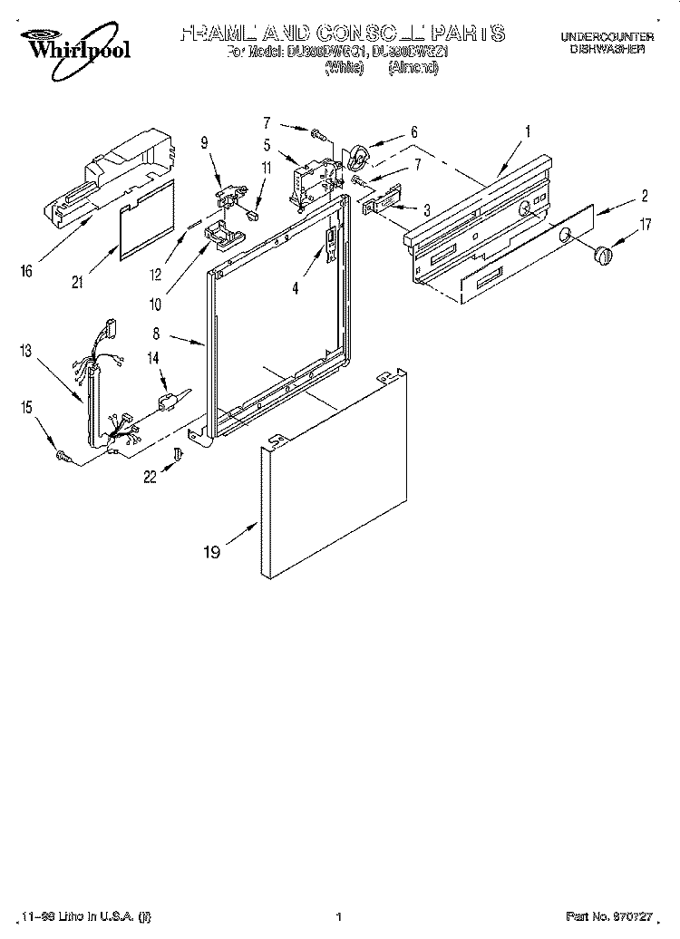 FRAME AND CONSOLE Diagram and Parts List for DU890DWGQ1  Whirlpool Dishwasher