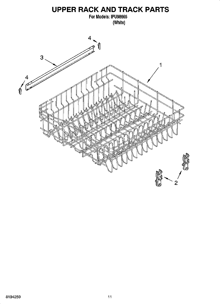 UPPER RACK AND TRACK PARTS Diagram and Parts List for IPU98665  Inglis Dishwasher