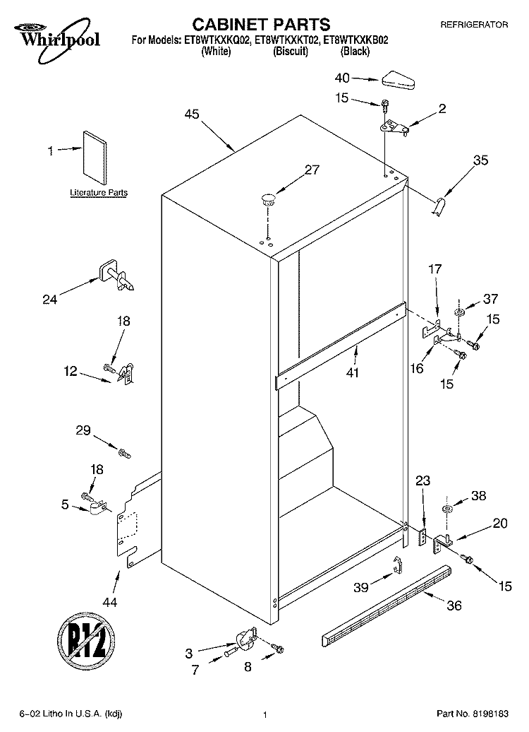 CABINET, LITERATURE Diagram and Parts List for ET8WTKXKB02  Whirlpool Refrigerator