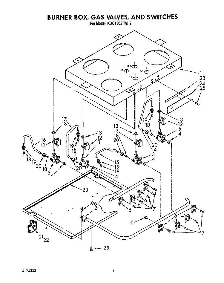 BURNER BOX, GAS VALVES, AND SWITCHES Diagram and Parts List for KGCT305TAL2  KitchenAid Cooktop