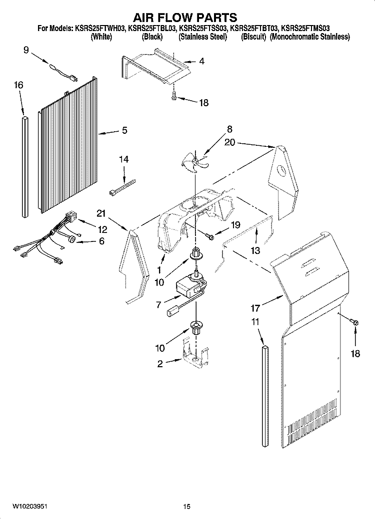AIR FLOW PARTS Diagram and Parts List for KSRS25FTWH03  KitchenAid Refrigerator