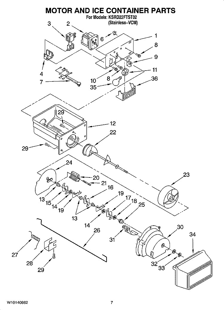 MOTOR AND ICE CONTAINER PARTS Diagram and Parts List for KSRD22FTST02  KitchenAid Refrigerator