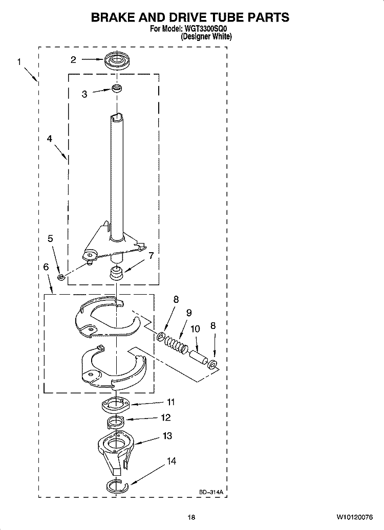 BRAKE AND DRIVE TUBE PARTS Diagram and Parts List for WGT3300SQ0  Whirlpool Washer Dryer Combo