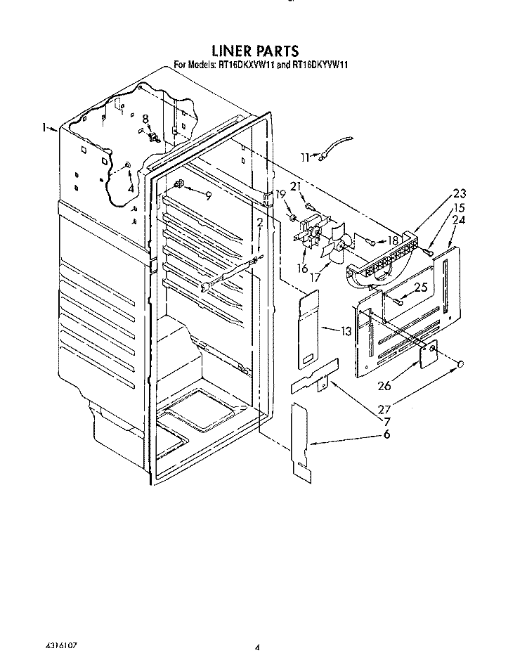 LINER Diagram and Parts List for RT16DKYVW11  Roper Refrigerator