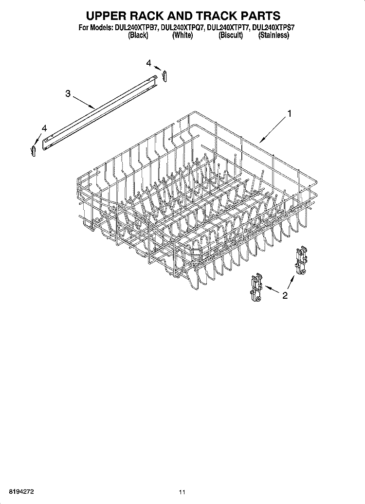 UPPER RACK AND TRACK PARTS Diagram and Parts List for DUL240XTPB7  Whirlpool Dishwasher