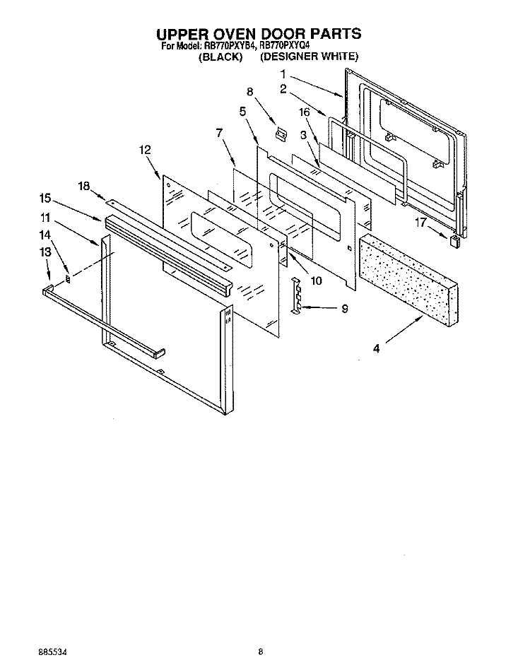 UPPER OVEN DOOR Diagram and Parts List for RB770PXYQ4  Whirlpool Wall Oven