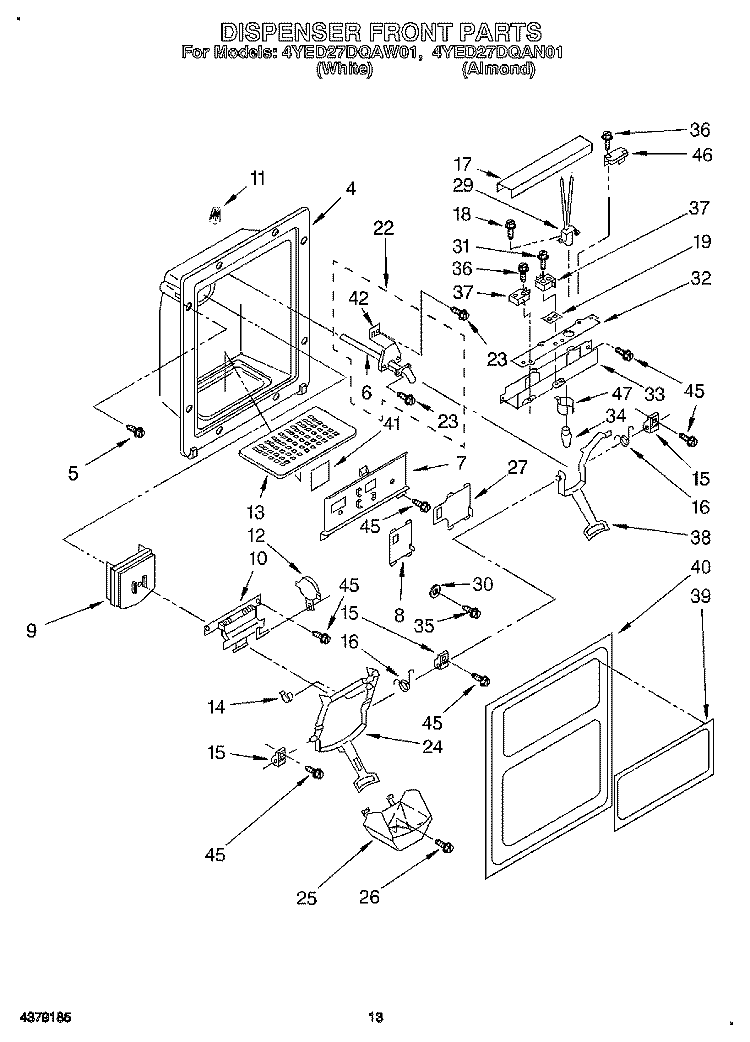 DISPENSER FRONT Diagram and Parts List for 4YED27DQAW01  Whirlpool Refrigerator