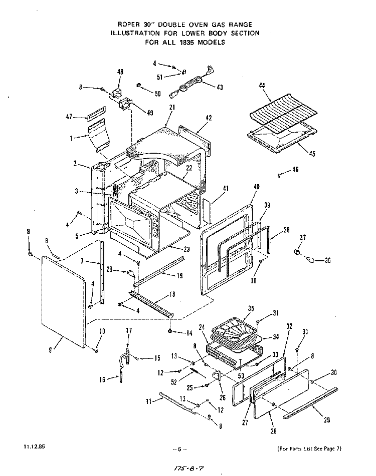 LOWER BODY Diagram and Parts List for 1835W1A  Roper Range