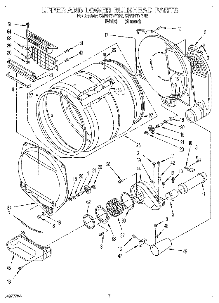 UPPER AND LOWER BULKHEAD, LITERATURE Diagram and Parts List for CSP2771AN2  Whirlpool Dryer