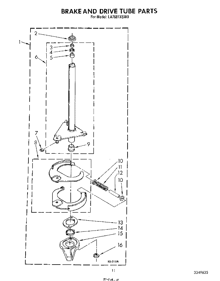 BRAKE AND DRIVE TUBE Diagram and Parts List for LA7681XSW0  Whirlpool Washer