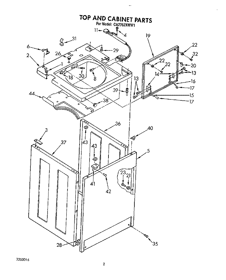 TOP AND CABINET, LIT/OPTIONAL Diagram and Parts List for CA2762XWG1  Whirlpool Washer