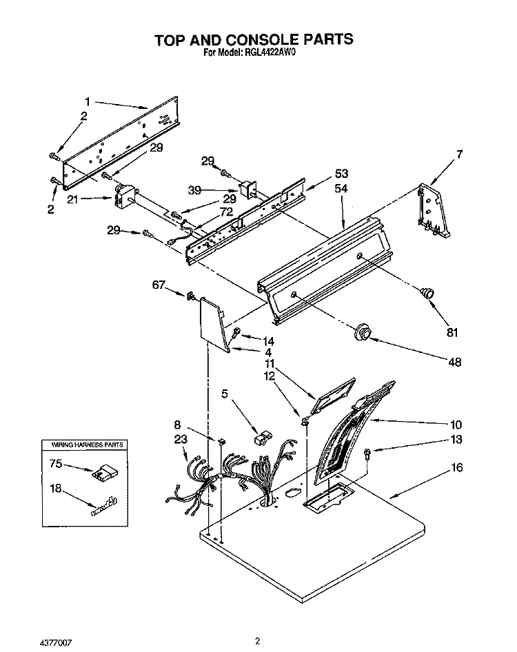 TOP AND CONSOLE, LIT/OPTIONAL Diagram and Parts List for RGL4422AW0  Roper Dryer