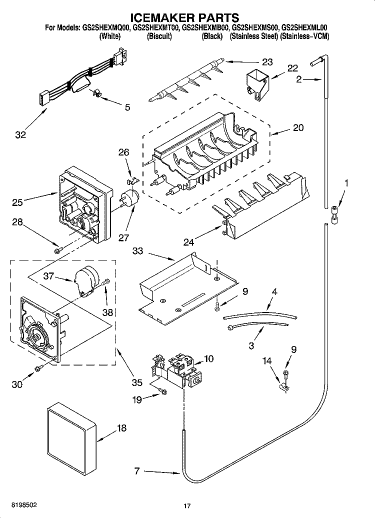 ICEMAKER PARTS Diagram and Parts List for GS2SHEXML00  Whirlpool Refrigerator