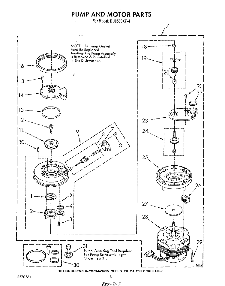 PUMP AND MOTOR Diagram and Parts List for DU8550XT4  Whirlpool Dishwasher