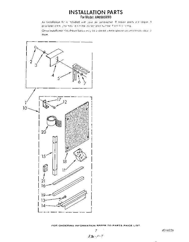 INSTALLATION Diagram and Parts List for AR0500XW0  Whirlpool Air Conditioner