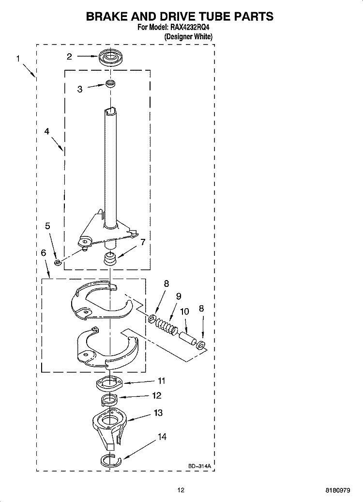 BRAKE AND DRIVE TUBE PARTS Diagram and Parts List for RAX4232RQ4  Roper Washer