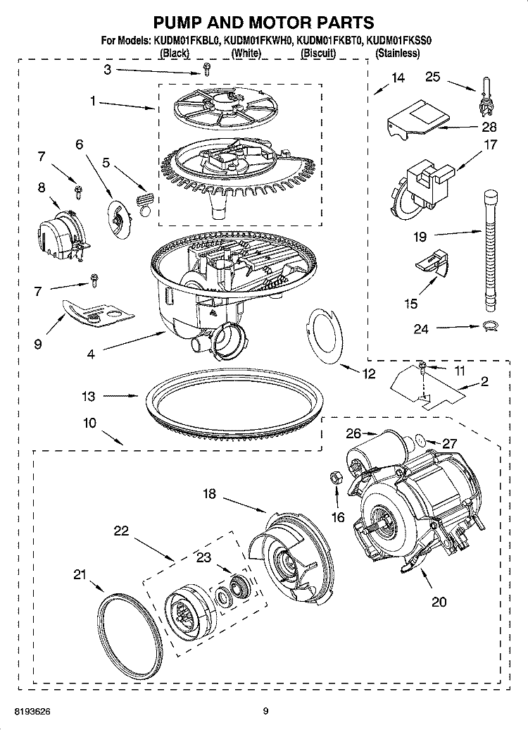 PUMP AND MOTOR PARTS Diagram and Parts List for KUDM01FKSS0  KitchenAid Dishwasher