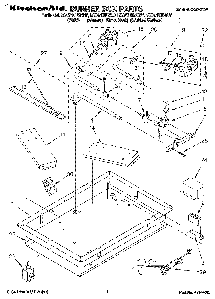 BURNER BOX PARTS Diagram and Parts List for KGCS100SBC3  KitchenAid Cooktop