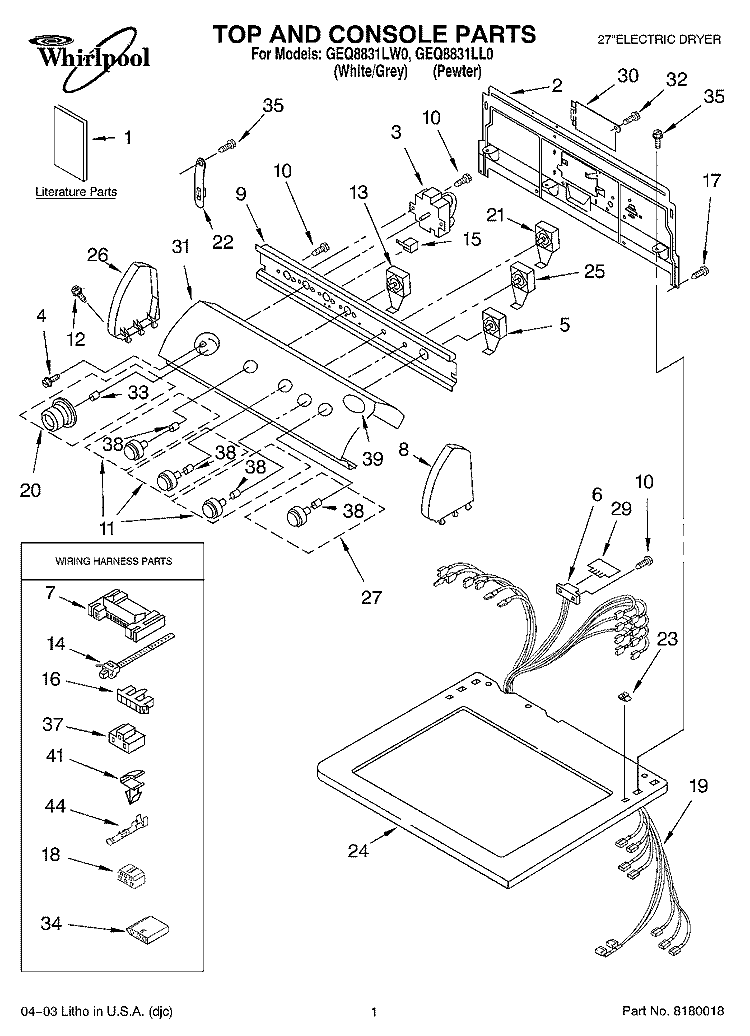 TOP AND CONSOLE PARTS Diagram and Parts List for GEQ8831LL0  Whirlpool Dryer