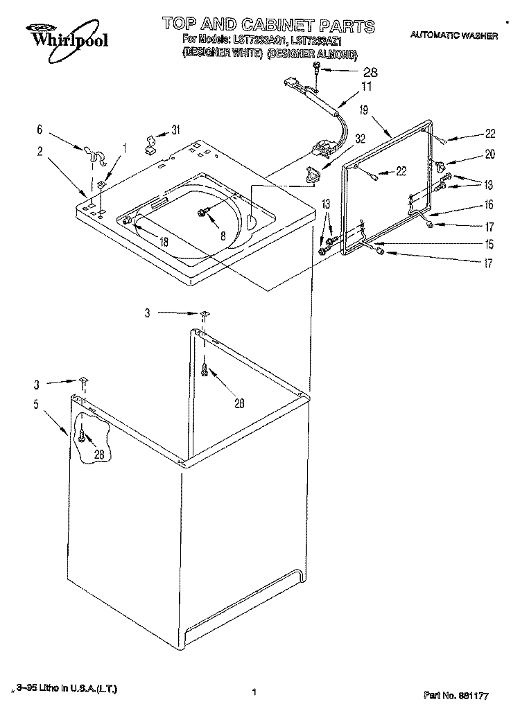 TOP AND CABINET, LIT/OPTIONAL Diagram and Parts List for LST7233AZ1  Whirlpool Washer