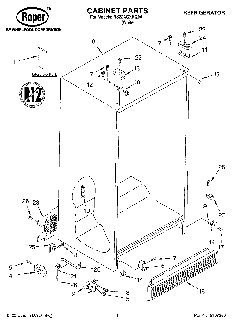 CABINET, LITERATURE Diagram and Parts List for RS22AQXKQ04  Roper Refrigerator