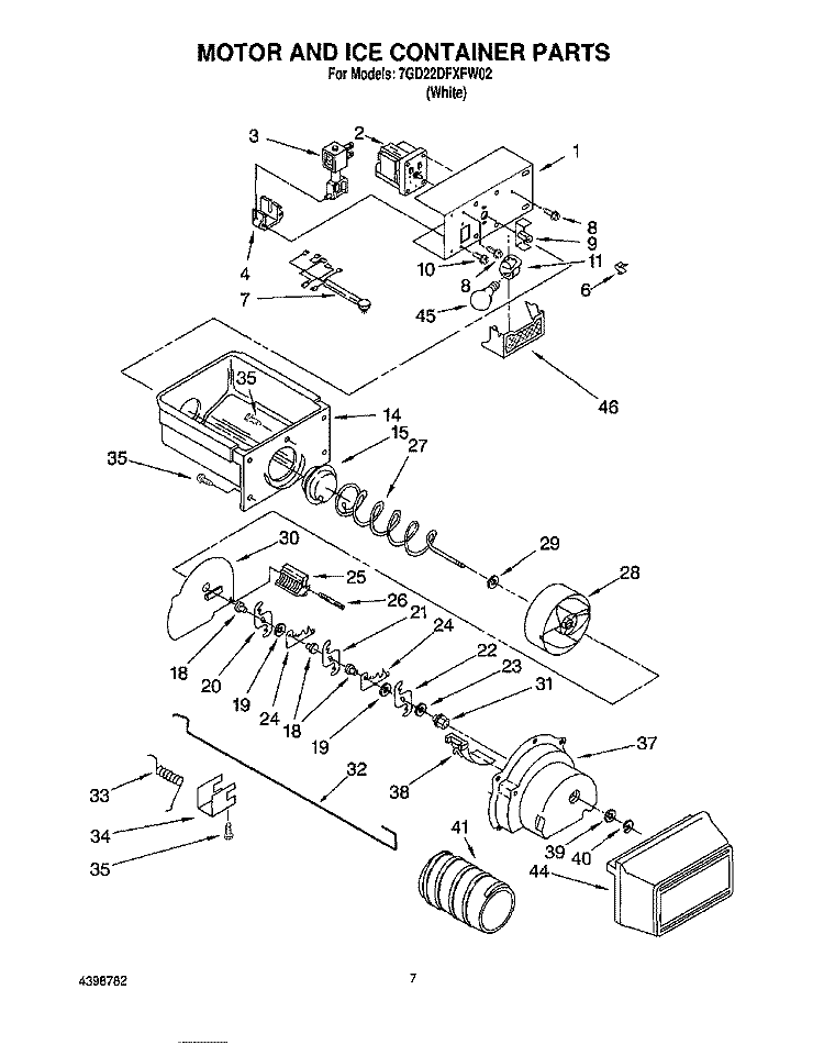 MOTOR AND ICE CONTAINER Diagram and Parts List for 7GD22DFXFW02  Whirlpool Refrigerator