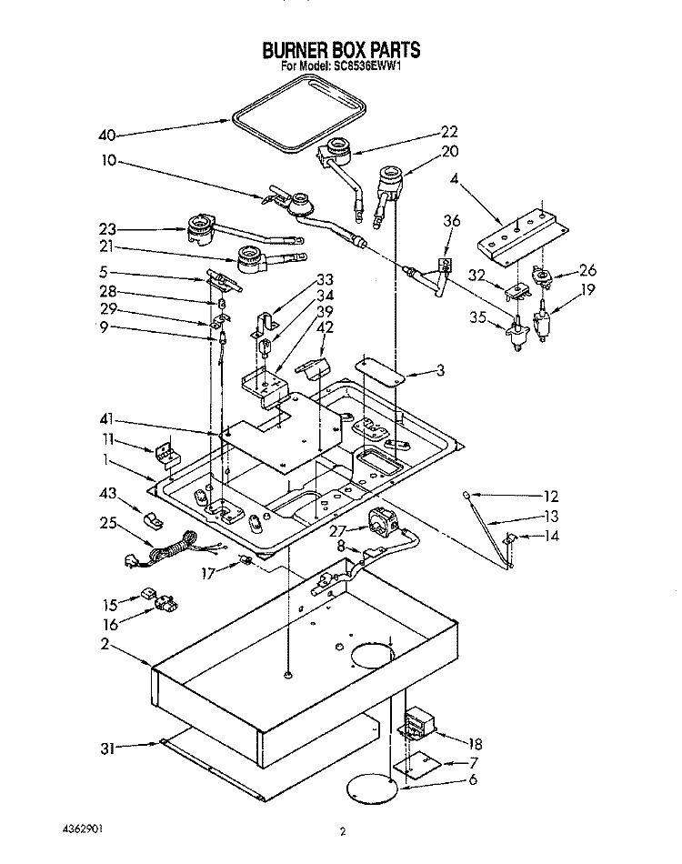 BURNER BOX Diagram and Parts List for SC8536EWW1  Whirlpool Cooktop