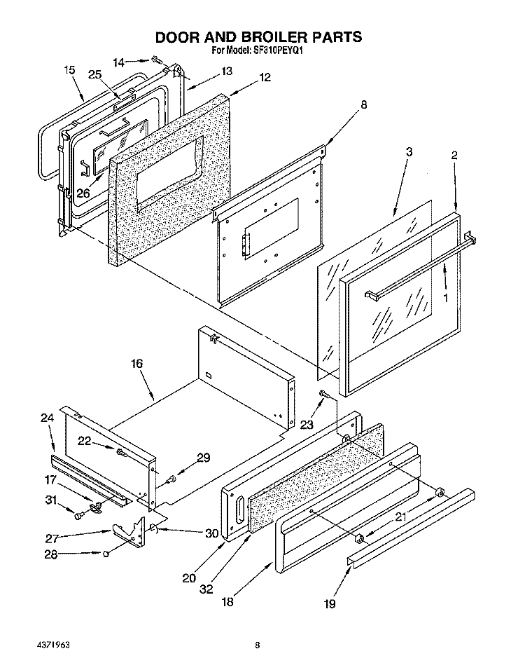 DOOR AND BROILER Diagram and Parts List for SF310PEYQ1  Whirlpool Range
