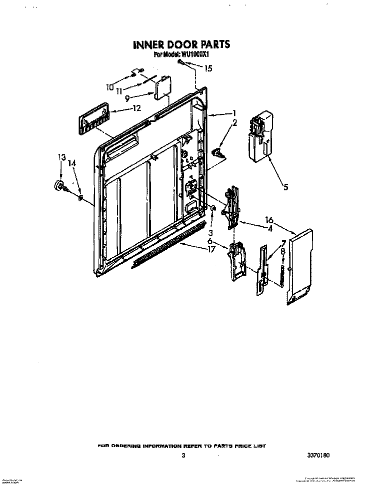 INNER DOOR Diagram and Parts List for WU1000X1  Roper Dishwasher