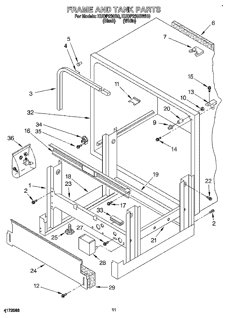 FRAME AND TANK Diagram and Parts List for KUDP230BWH0  KitchenAid Dishwasher
