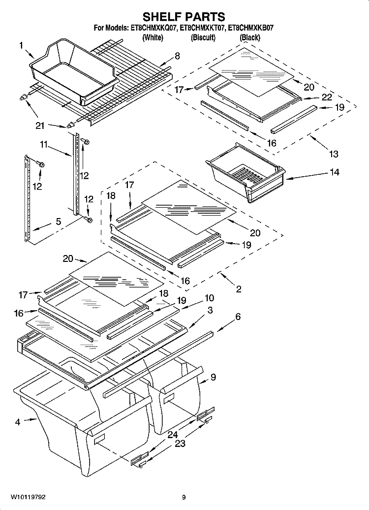 SHELF PARTS Diagram and Parts List for ET8CHMXKQ07  Whirlpool Refrigerator