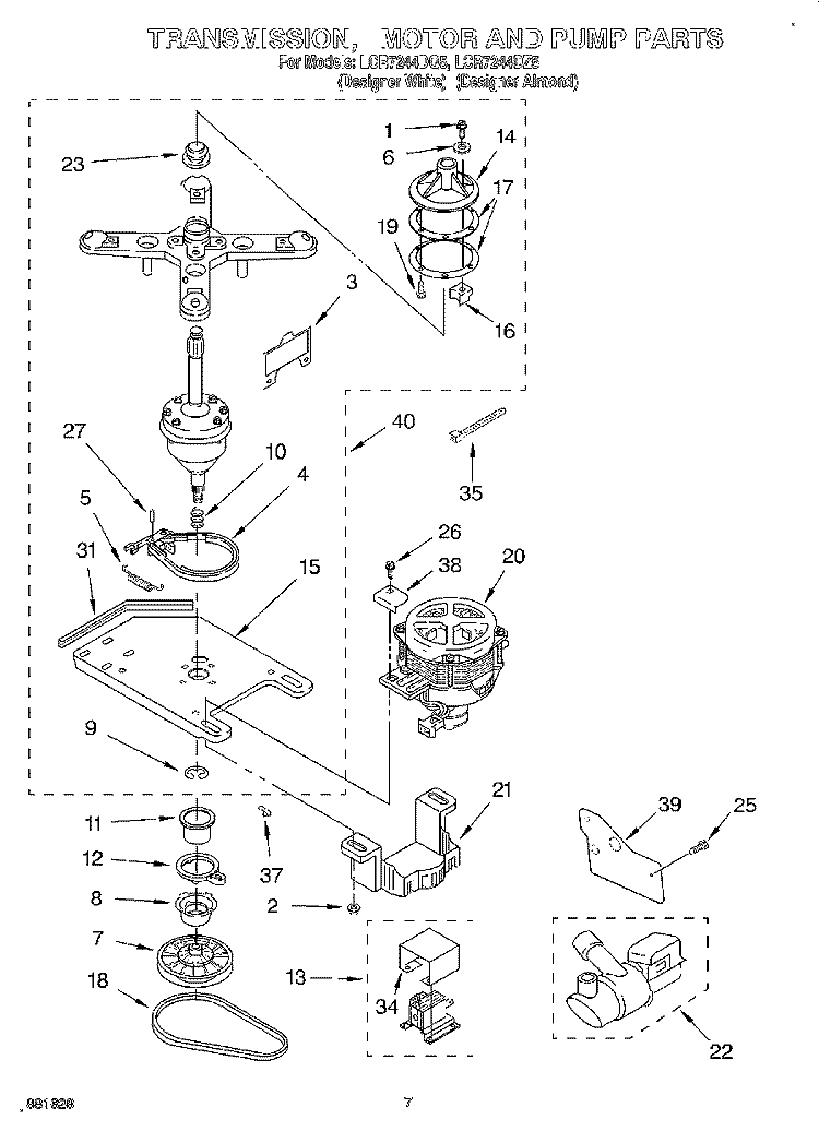 TRANSMISSION, MOTOR AND PUMP Diagram and Parts List for LCR7244DZ5  Whirlpool Washer