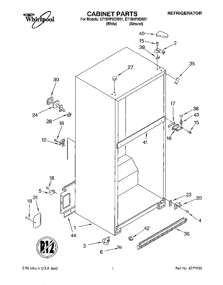 CABINET Diagram and Parts List for ET18HPXDW01  Whirlpool Refrigerator