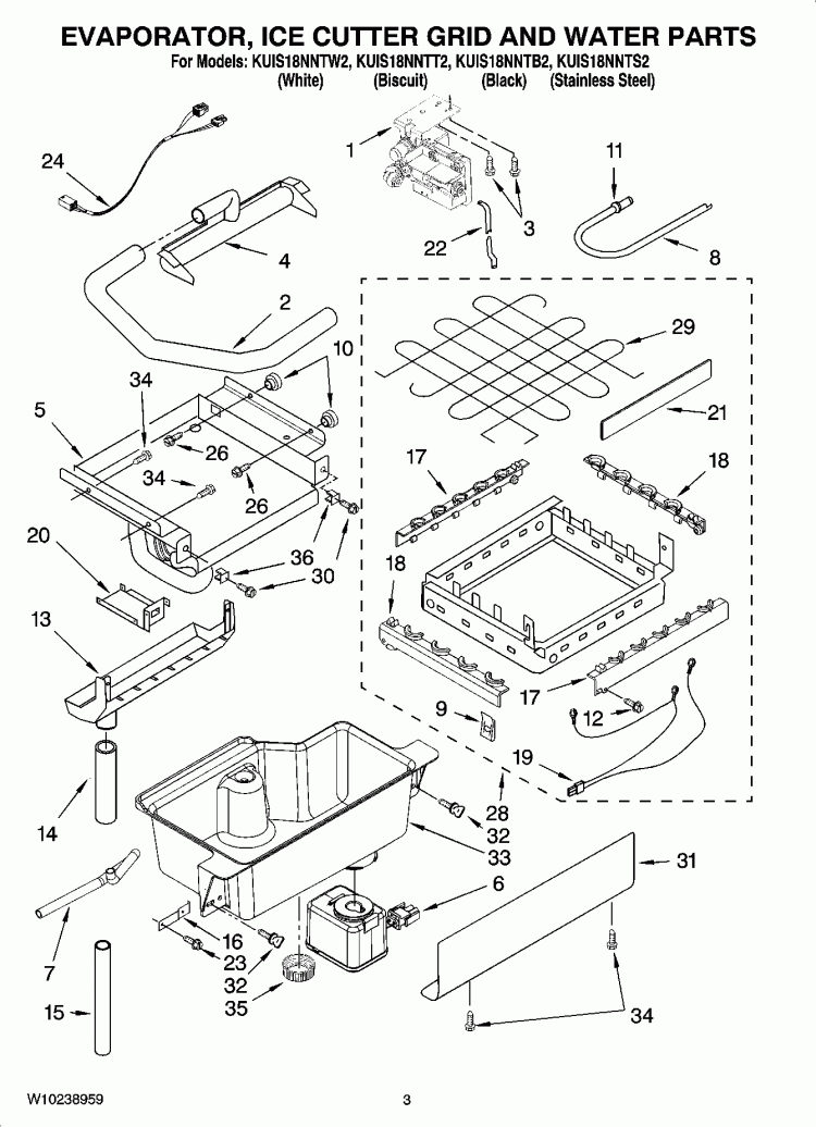 EVAPORATOR, ICE CUTTER GRID AND WATER PARTS Diagram and Parts List for KUIS18NNTB2  KitchenAid Ice Maker
