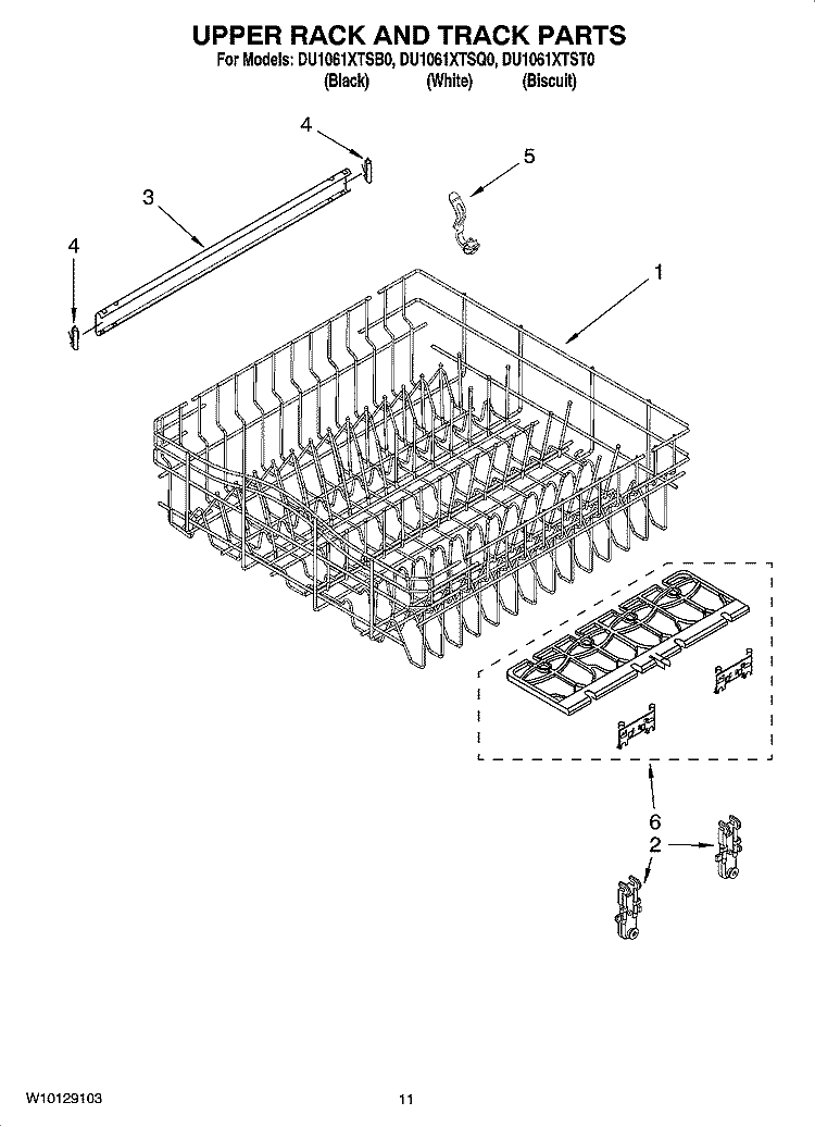 UPPER RACK AND TRACK PARTS Diagram and Parts List for DU1061XTST0  Whirlpool Dishwasher