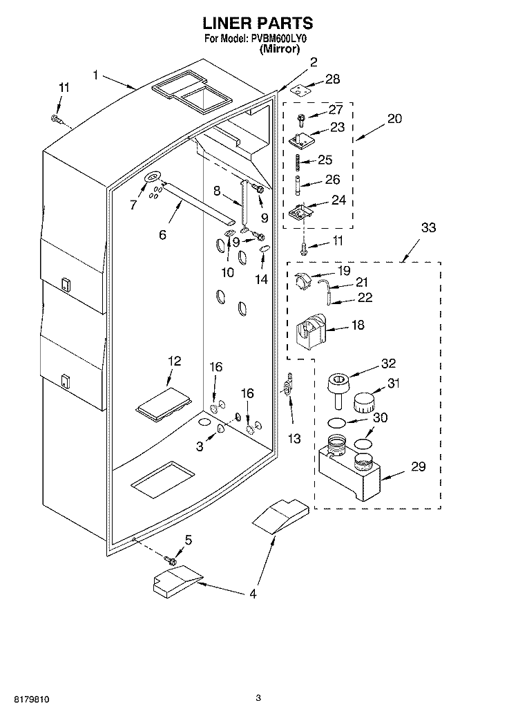 LINER Diagram and Parts List for PVBM600LY0  Whirlpool Cabinet