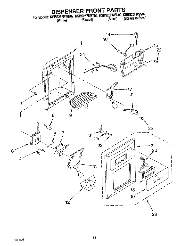 DISPENSER FRONT PARTS Diagram and Parts List for KSBS25FKBL02  KitchenAid Refrigerator
