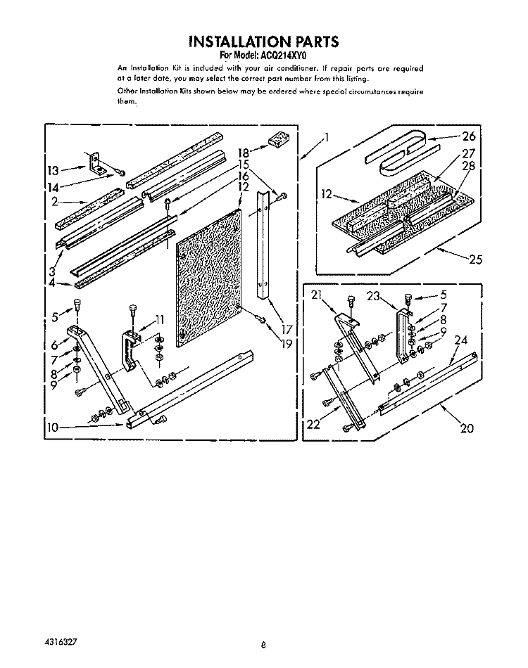 INSTALLATION PARTS Diagram and Parts List for ACQ214XY0  Whirlpool Air Conditioner