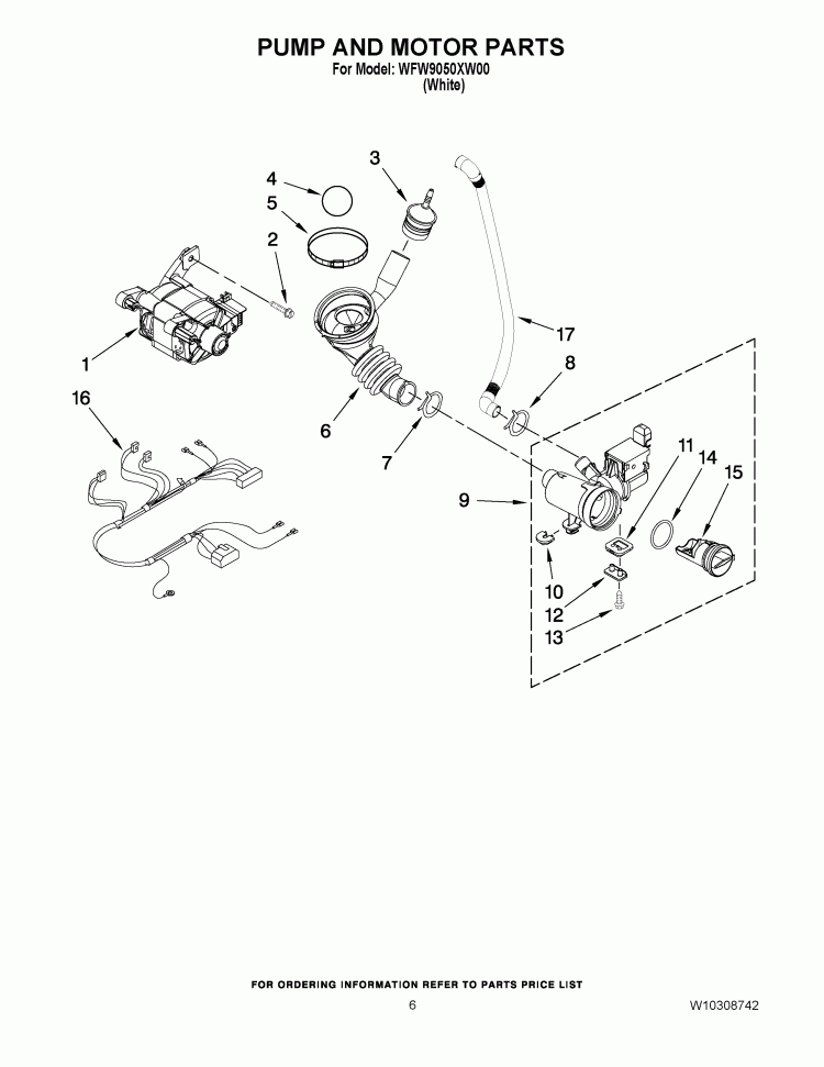 PUMP AND MOTOR PARTS Diagram and Parts List for WFW9050XW00  Whirlpool Washer