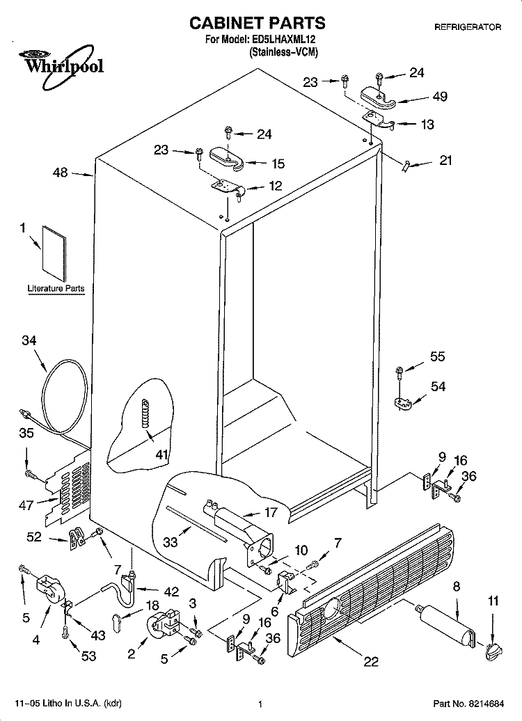 CABINET PARTS Diagram and Parts List for ED5LHAXML12  Whirlpool Refrigerator