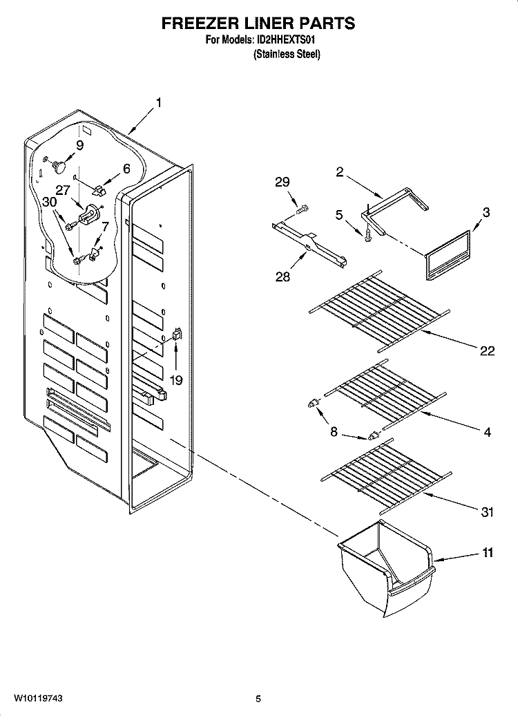 FREEZER LINER PARTS Diagram and Parts List for ID2HHEXTS01  Whirlpool Refrigerator