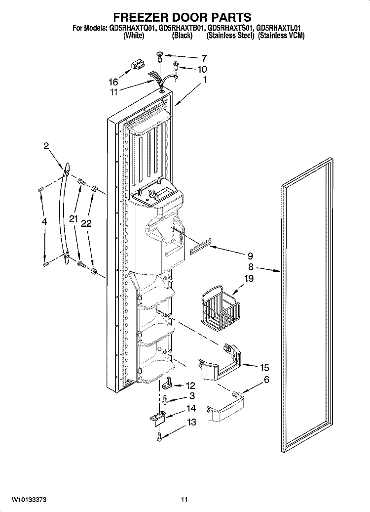 FREEZER DOOR PARTS Diagram and Parts List for GD5RHAXTL01  Whirlpool Refrigerator