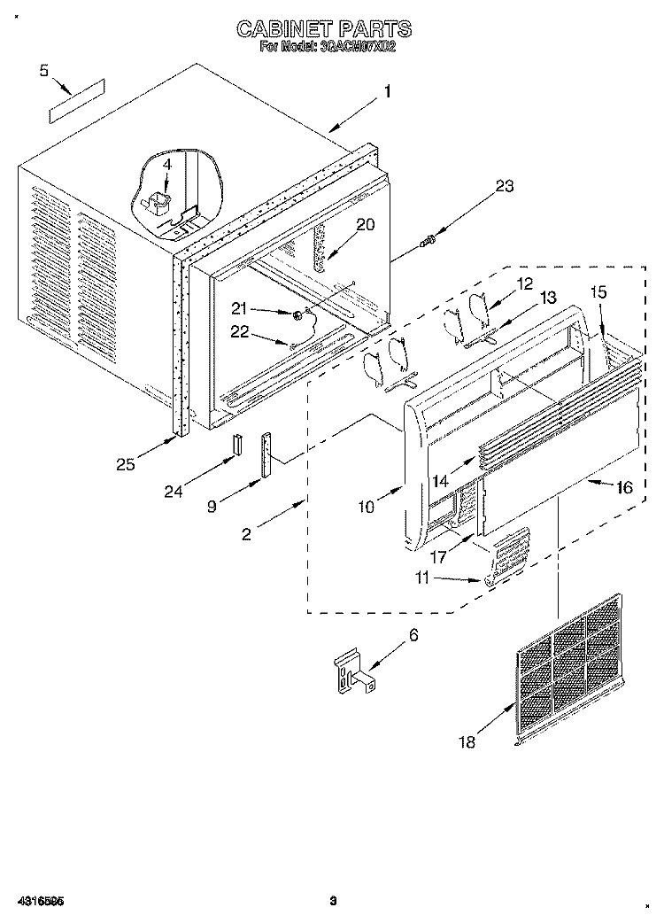 CABINET Diagram and Parts List for 3QACM07XD2  Whirlpool Air Conditioner