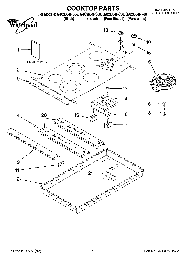 COOKTOP PARTS, OPTIONAL PARTS Diagram and Parts List for GJC3654RP00  Whirlpool Cooktop