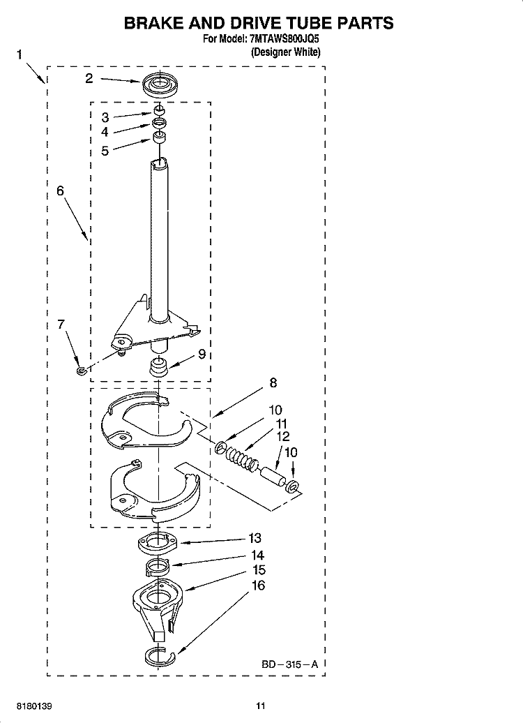 BRAKE AND DRIVE TUBE PARTS Diagram and Parts List for 7MTAWS800JQ5  Estate Washer