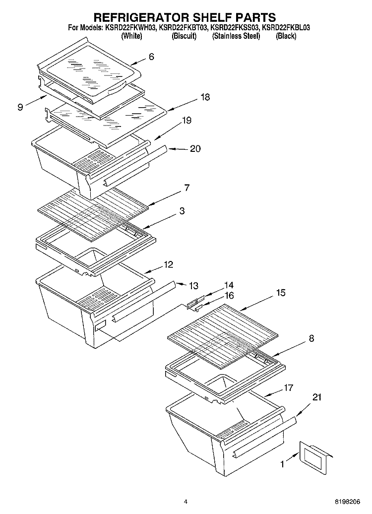 REFRIGERATOR SHELF PARTS Diagram and Parts List for KSRD22FKBL03  KitchenAid Refrigerator